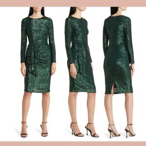 NWT $288 XSCAPE [ 14 ] Long Sleeve Sequin Cocktail‎ Dress in Hunter Green
